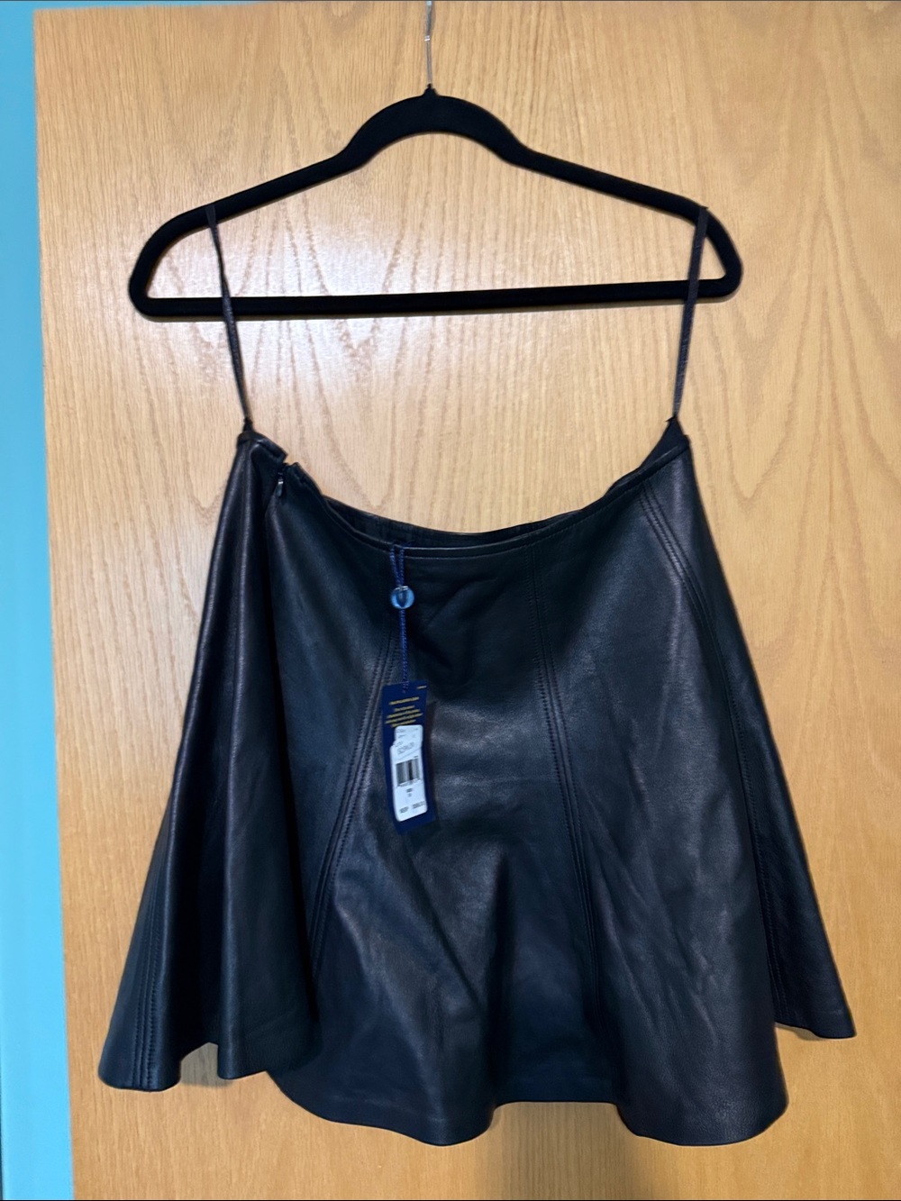 Ralph Lauren Black Leather Skater Skirt with Spaghetti Straps